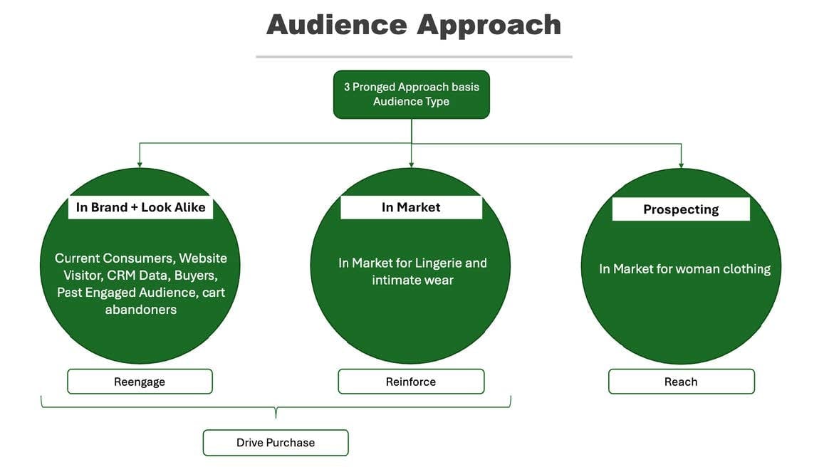 Flowchart showing three audience approach strategies: In Brand/Look Alike, In Market, and Prospecting, with targeting details and purchase pathways